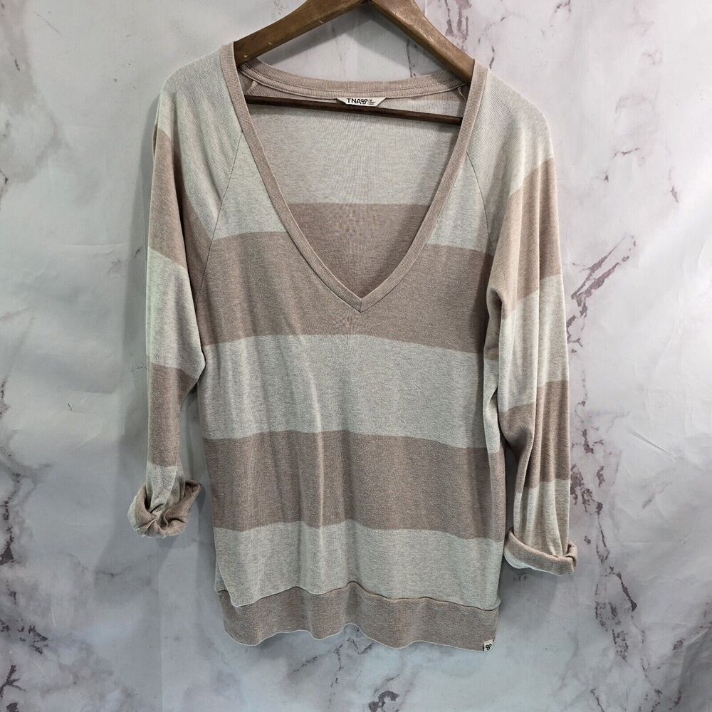 Aritzia T Shirt Womens Small Pink White Striped V Roll Up Cuffed Tna Slouchy